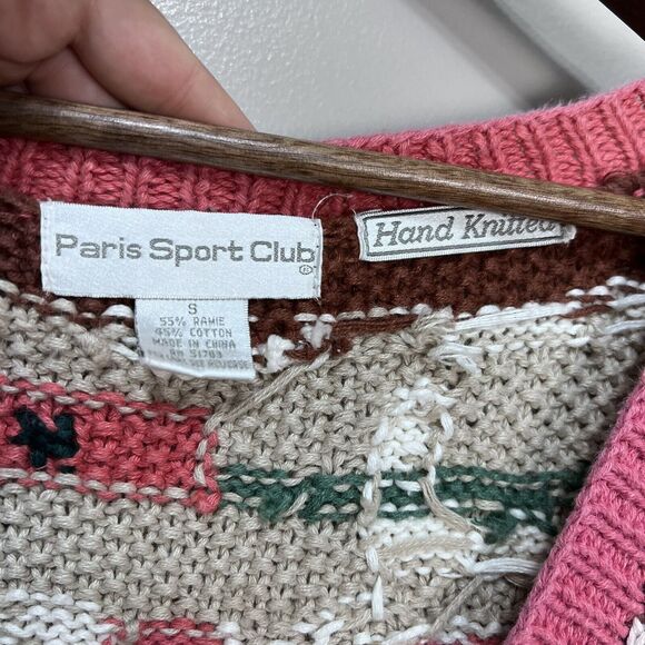 Vintage Paris Sport Club Hand Knitted Chunky Knit Graphic Print cardigan Ramie - Picture 12 of 12